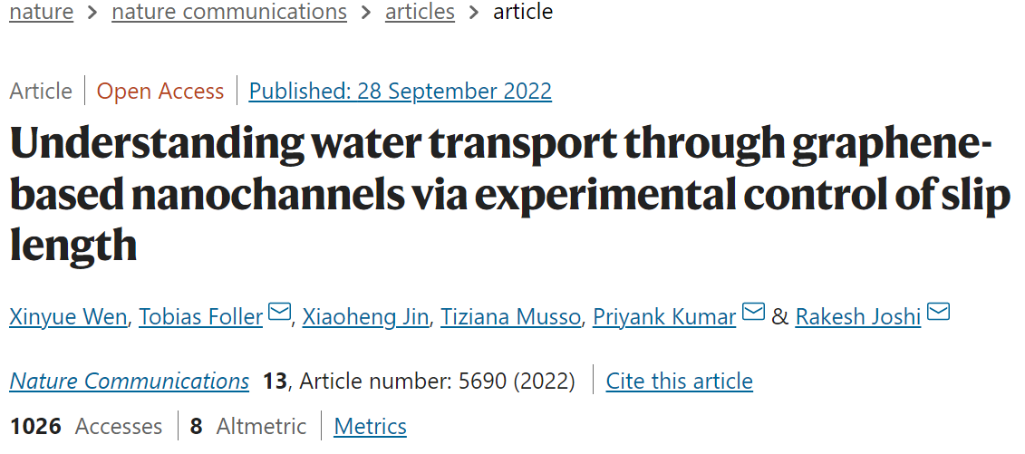 新南威尔士Nat. Commun.：通过实验控制滑移长度来理解水在石墨烯基纳米通道中的传输