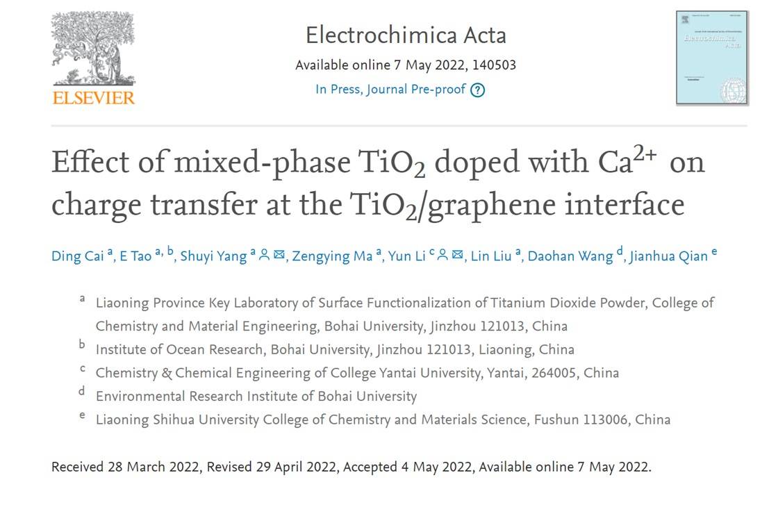 渤海大学杨姝宜&烟台大学李运ELECTROCHIM ACTA：Ca2+掺杂混晶相TiO2与石墨烯界面电荷转移的影响研究