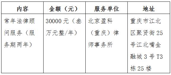 重庆石墨烯研究院有限公司常年法律顾问服务询价结果公告