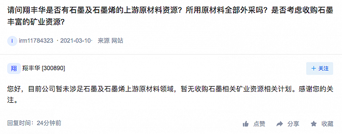 翔丰华：暂无收购石墨相关矿业资源相关计划