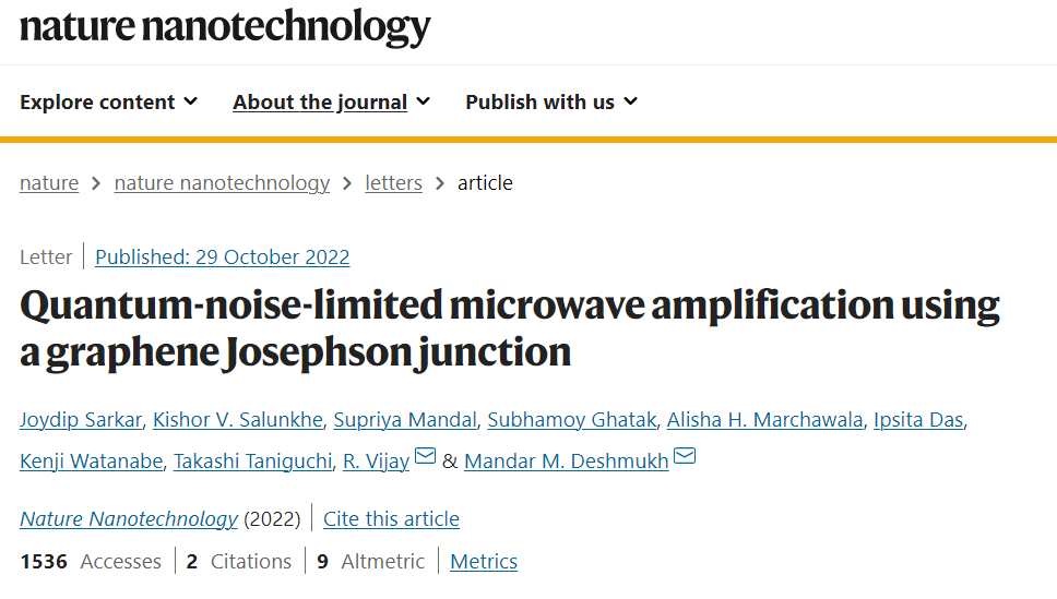 Nature Nanotechnology：使用石墨烯约瑟夫逊结的量子噪声限制微波放大