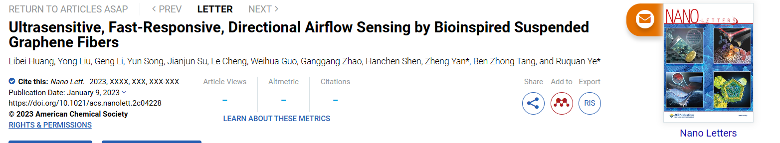 Nano Letters：通过仿生悬浮石墨烯纤维进行超灵敏、快速响应、定向气流感测