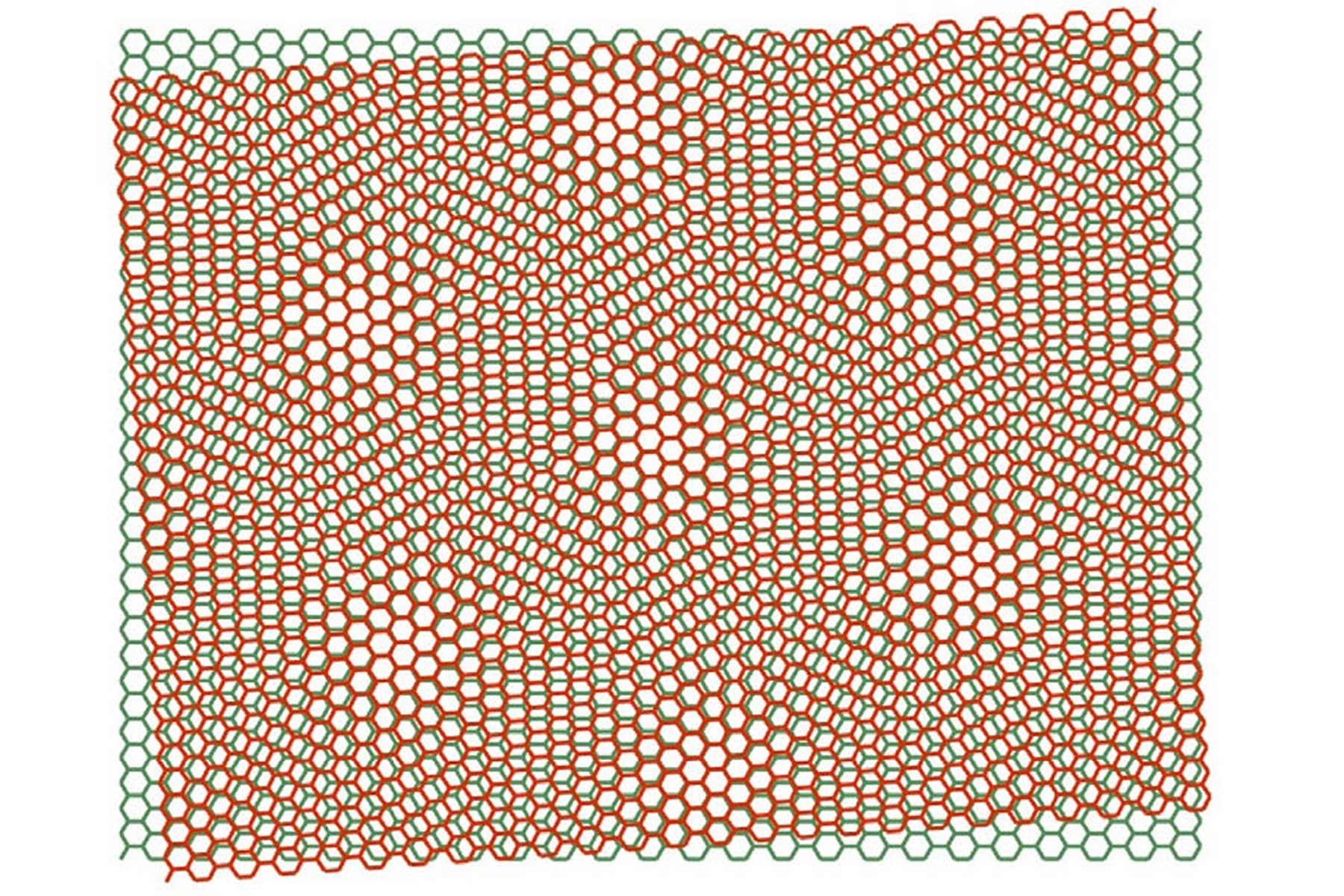 上图显示了用氮化硼分层石墨烯产生的摩尔纹图案。来源：布法罗大学。