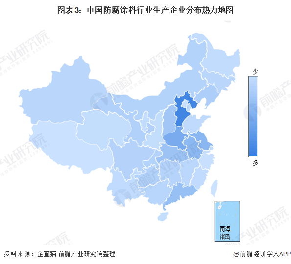 图表3：中国防腐涂料行业生产企业分布热力地图