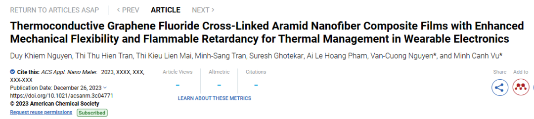 越南维新大学《ACS ANM》：氟化石墨烯交联芳纶纳米纤维复合薄膜，用于可穿戴电子产品的热管理