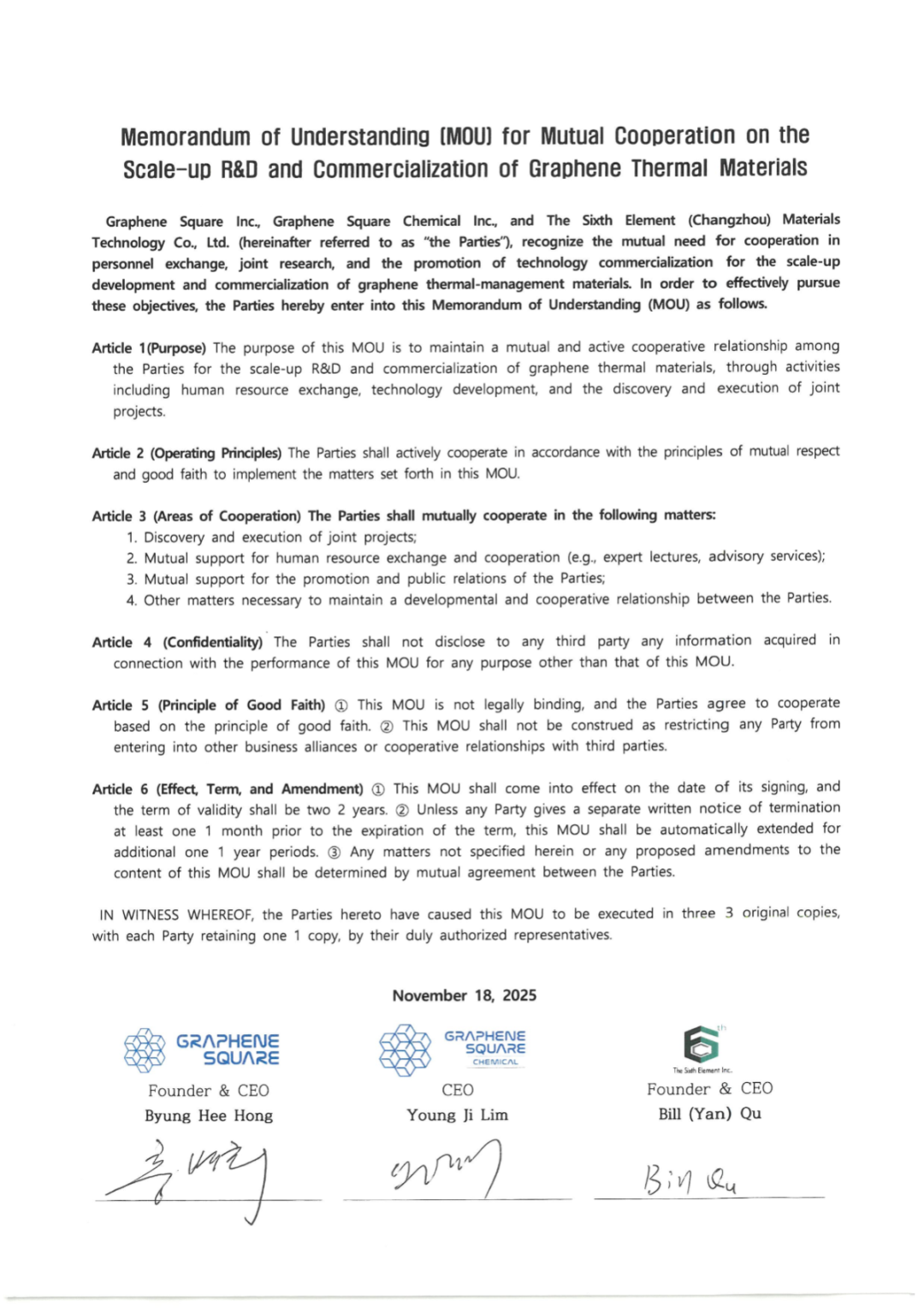 第六元素与Graphene Square签署战略合作协议  共拓韩国石墨烯应用市场