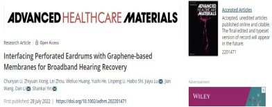 鼓膜功能性修复新进展AHM：石墨烯基薄膜嫁接穿孔鼓膜恢复宽频听力