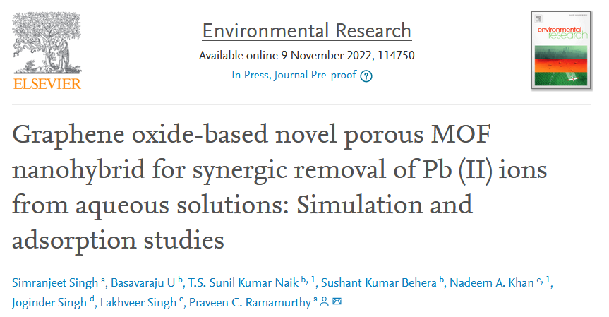 今日推送：基于石墨烯氧化物的新型多孔MOF纳米混合体用于协同去除水溶液中的铅（II）离子：模拟和吸附研究