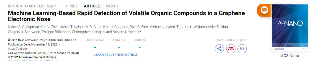 ACS Nano：基于机器学习的石墨烯电子鼻中挥发性有机物的快速检测