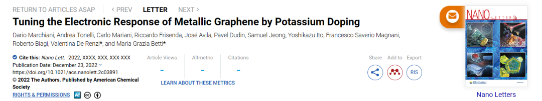Nano Letters：钾掺杂调节含金属石墨烯的电子响应