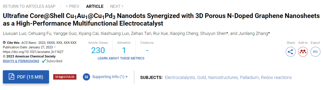 章俊良教授、沈水云副教授，ACS Nano：超细核壳结构纳米点协同3D多孔N掺杂石墨烯纳米片作为高效多功能电催化剂