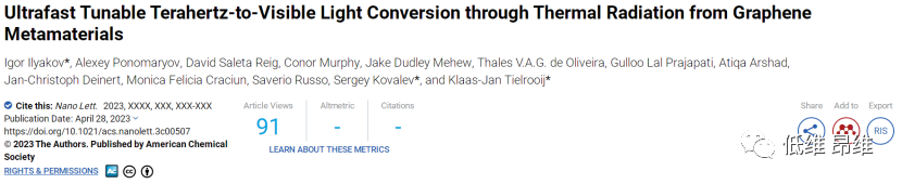 Nano Lett.：石墨烯超材料通过热辐射的超快可调谐太赫兹到可见光转换