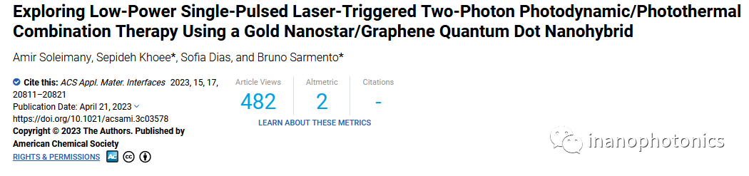 ACS AMI：利用金纳米星/石墨烯量子点纳米复合物探索低功率单脉冲激光触发的双光子光动力/光热联合治疗