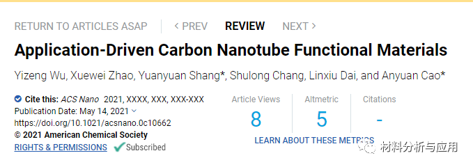 北京大学《ACS Nano》：综述-碳纳米管功能材料的最新研究活动与应用前景