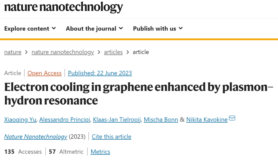 Nature Nanotechnology：等离子体共振增强石墨烯中的电子冷却