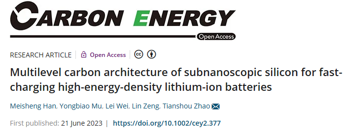 南方科大赵天寿课题组《Carbon Energy》：亚纳米硅多级碳结构，用于快速充电高能量密度锂离子电池