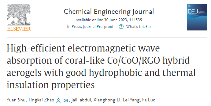 西北工业大学《CEJ》：珊瑚状Co/CoO/石墨烯混合气凝胶的高效电磁波吸收，具有良好的疏水性和隔热性