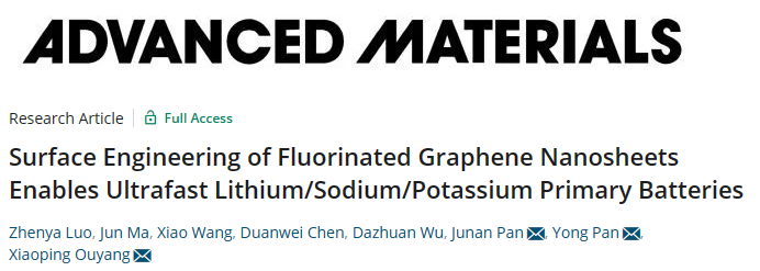 湘潭大学《AM》：氟化石墨烯纳米片的表面工程使超快锂/钠/钾原电池成为可能