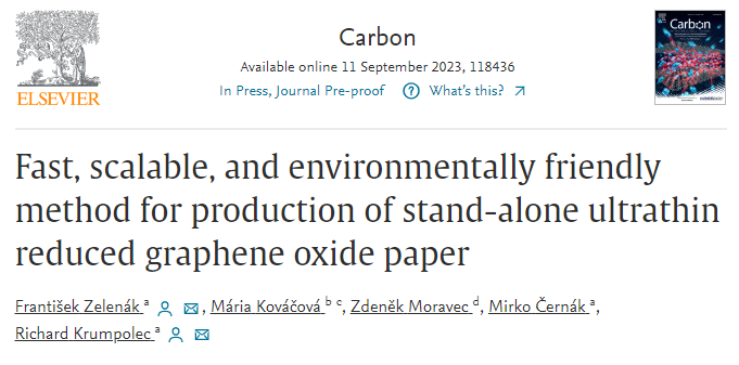 马萨里克大学《Carbon》：一种快速、可扩展、环保的独立超薄还原氧化石墨烯纸生产方法