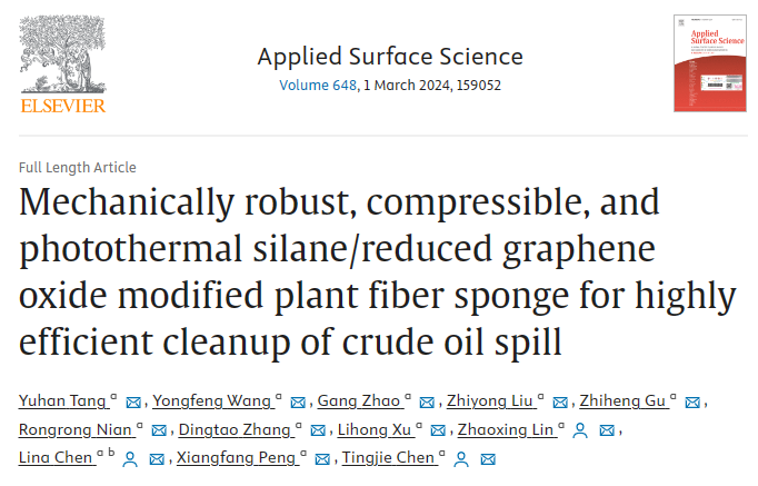 福建理工大学《APPL SURF SCI》：硅烷/石墨烯改性植物纤维海绵，用于高效清理原油泄漏