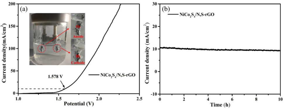 石河子大学陈龙团队：一种新型的分层多孔NCS/N，S共掺杂还原型氧化石墨烯复合材料（NCS/NS-rGO）全解水电催化剂