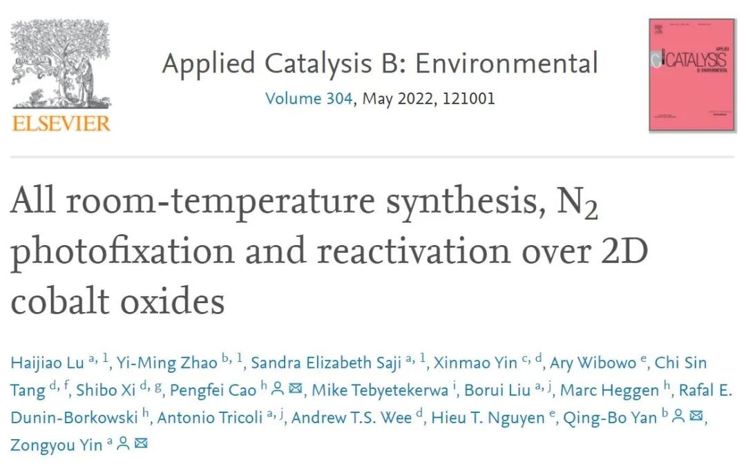 Yin, Zongyou教授、闫清波教授：在室温下实现还原石墨烯氧化物衬底负载CoO/Co3O4的制备，光催化固氮及再活化