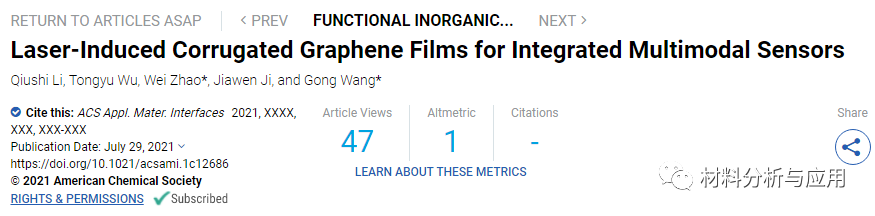 中科院空间应用中心《ACS AMI》:激光诱导波纹石墨烯薄膜，用于集成多模态传感器
