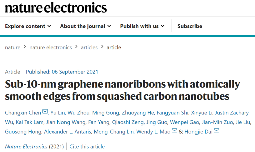 压扁碳管，Nature Electronics！上海交大陈长鑫等人发展原子级光滑边缘的石墨烯纳米带！