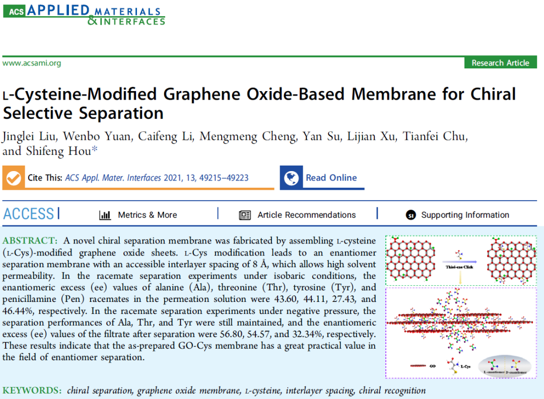 山东大学侯士峰教授团队最新ACS AMI：L-半胱氨酸改性氧化石墨烯膜用于手性选择性分离
