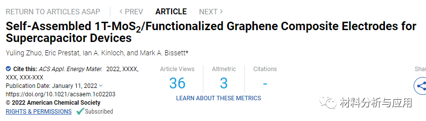 曼彻斯特大学《ACS AEM》：自组装1T-MoS2/功能化石墨烯复合电极，用于超级电容器
