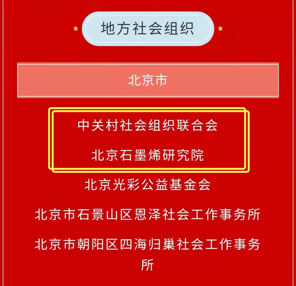 祝贺！中关村社会组织联合会、北京石墨烯研究院荣获“全国先进社会组织”称号