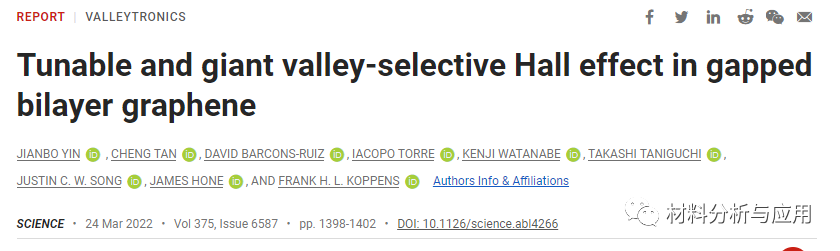 西班牙巴塞罗那科学技术学院《Science》：在双层石墨烯中调控谷选择霍尔效应