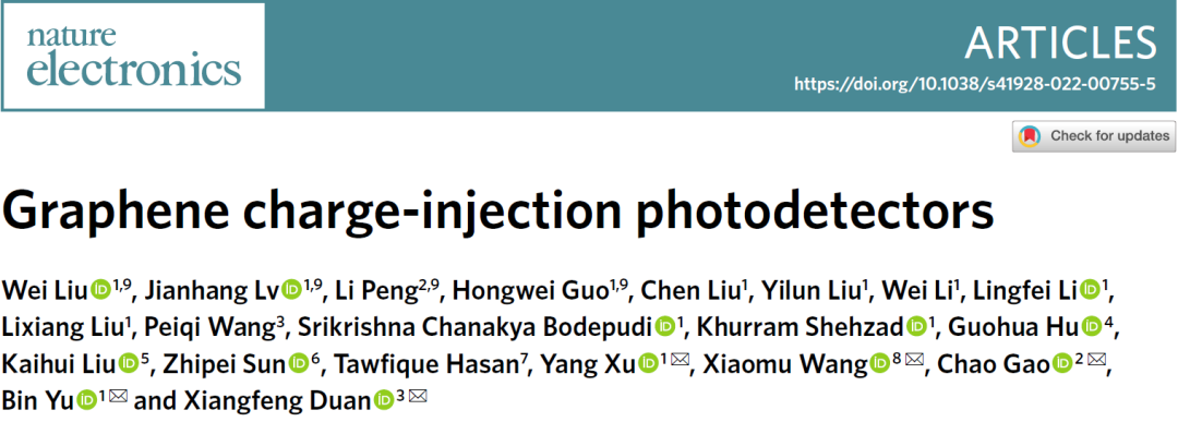浙大徐杨、高超等团队《Nature Electronics》：石墨烯/硅室温宽光谱光电探测器