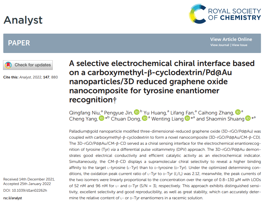 山西大学梁文婷、双少敏团队 | 基于羧甲基-β-环糊精/Pd@Au/三维石墨烯的选择性电化学手性界面用于酪氨酸对映异构体识别