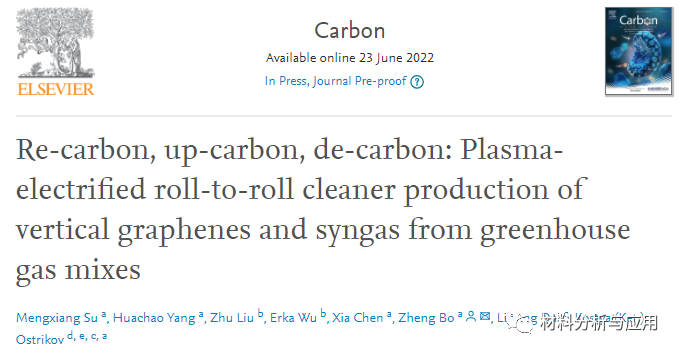 浙大薄拯课题组《Carbon》：低温等离子体工艺将CO2和甲烷转化为垂直石墨烯和合成气，有助于碳循环！