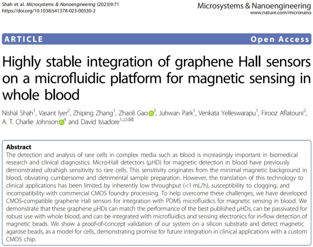 最新成果 | 宾夕法尼亚大学David Issadore教授团队：石墨烯霍尔传感器在全血磁传感微流控平台上的高度稳定集成
