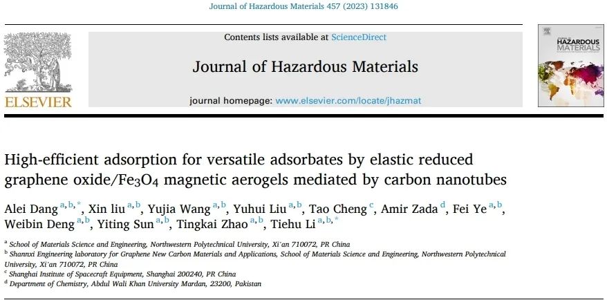 西北工业大学李铁虎、党阿磊团队JHM｜碳纳米管调控弹性还原氧化石墨烯/Fe3O4磁性气凝胶高效吸附多种吸附物