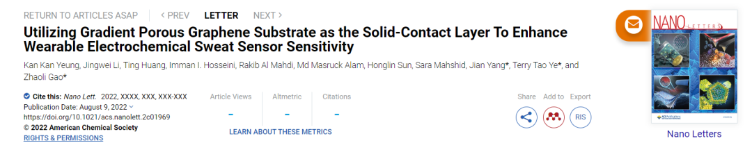 Nano Letters：利用梯度多孔石墨烯作为固体接触层提高可穿戴电化学汗液传感器的灵敏度