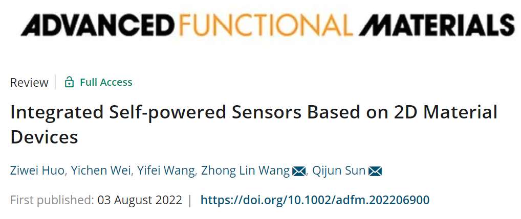 王中林院士/孙其君研究员《AFM》综述：基于二维材料器件的集成式自驱动传感器