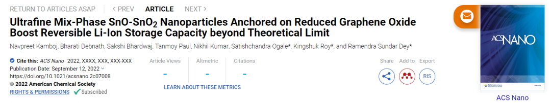 【锂电】ACS Nano：石墨烯上的超细SnO-SnO2，容量超过理论极限！
