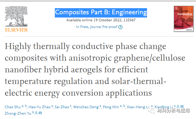 北化工《COMPOS PART B-ENG》：石墨烯/纤维素纳米纤维气凝胶，用于高效温度调节和太阳能-热-电能转换应用
