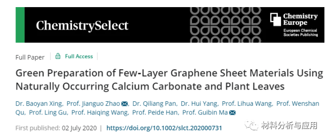 山西大同大学《Chemistry Select》：用天然碳酸钙和植物叶片绿色制备几层石墨烯片材