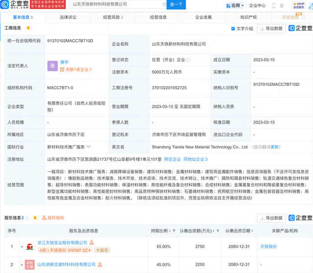 天铁股份投资设立新材料科技公司，含石墨烯材料销售业务