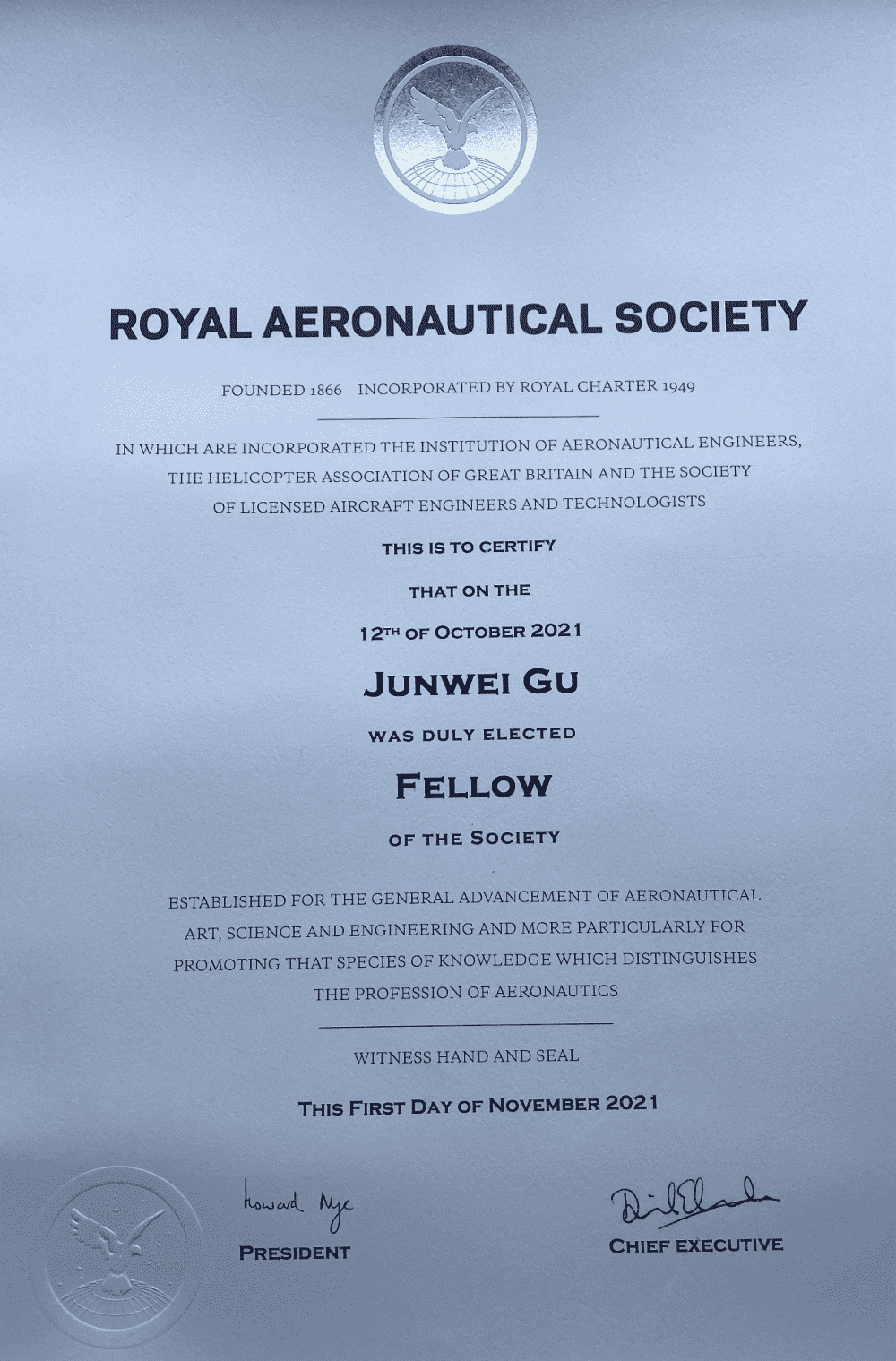 西北工业大学顾军渭教授当选英国皇家航空学会会士