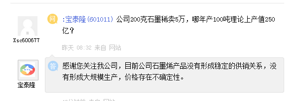 [互动]宝泰隆:石墨烯产品未形成大规模生产