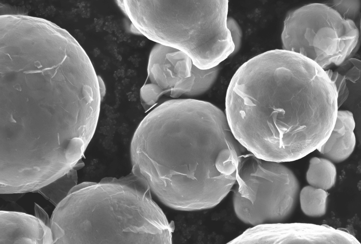 Magnified image of copper powder coated with graphene.