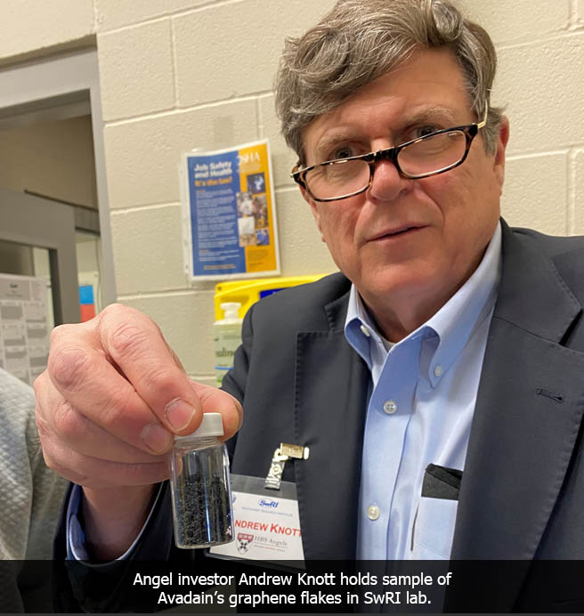 Avadain的利益相关者查看制造进度和石墨烯薄片样本